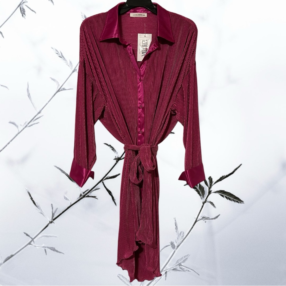12th Tribe Kimono Wrap Dress NWT Satin Belted Button Down Pink Sz M Festival